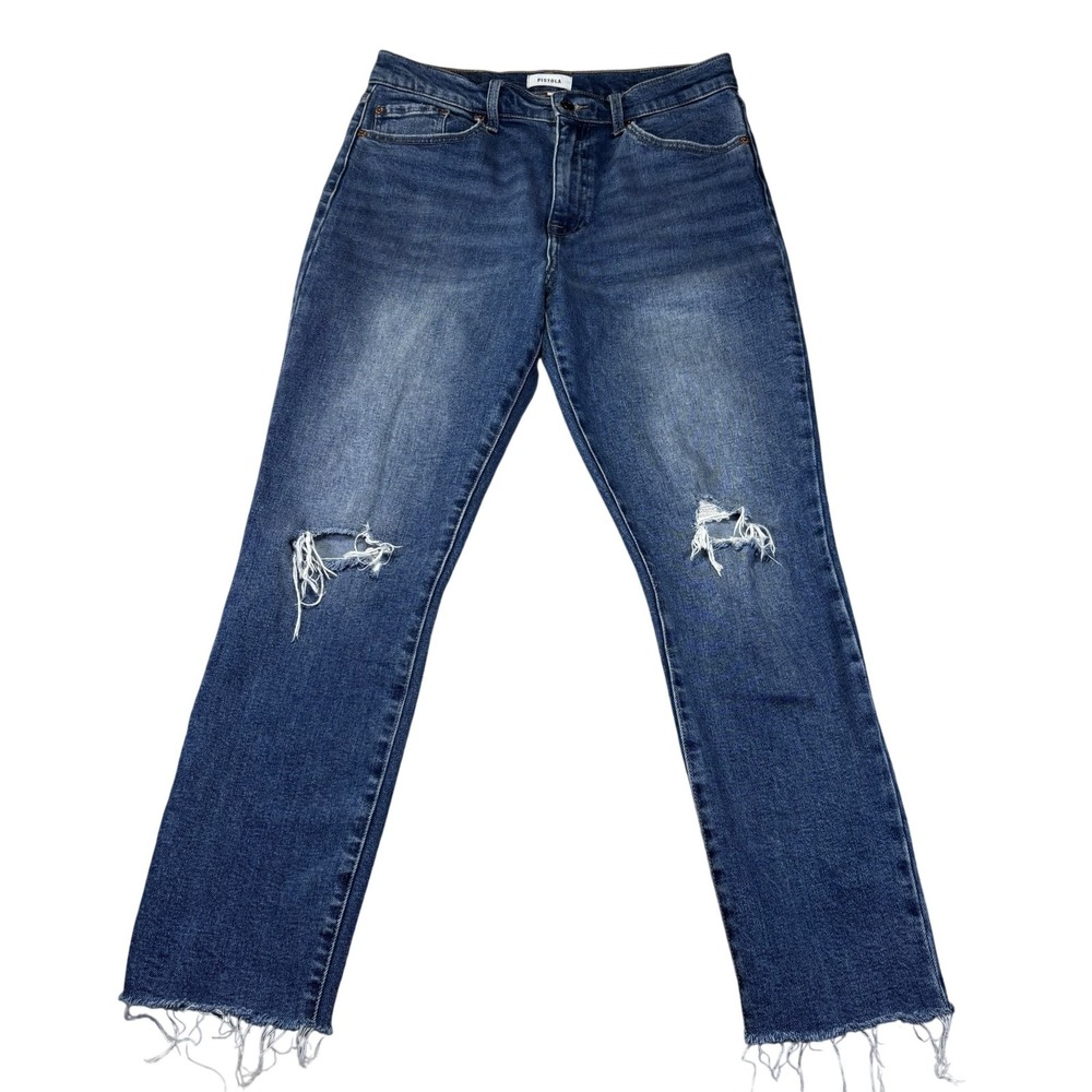 Pistola Straight Crop Jeans Womens 30 Blue Medium Wash Distressed Raw Hem Denim
